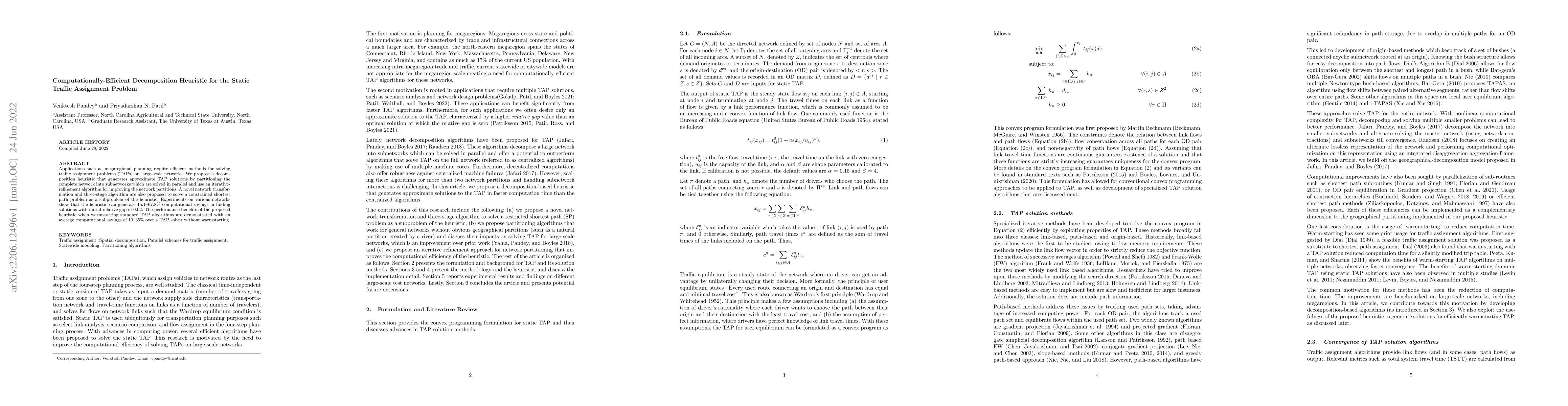 Thumbnail for Computationally-Efficient Decomposition Heuristic for the Static Traffic
  Assignment Problem