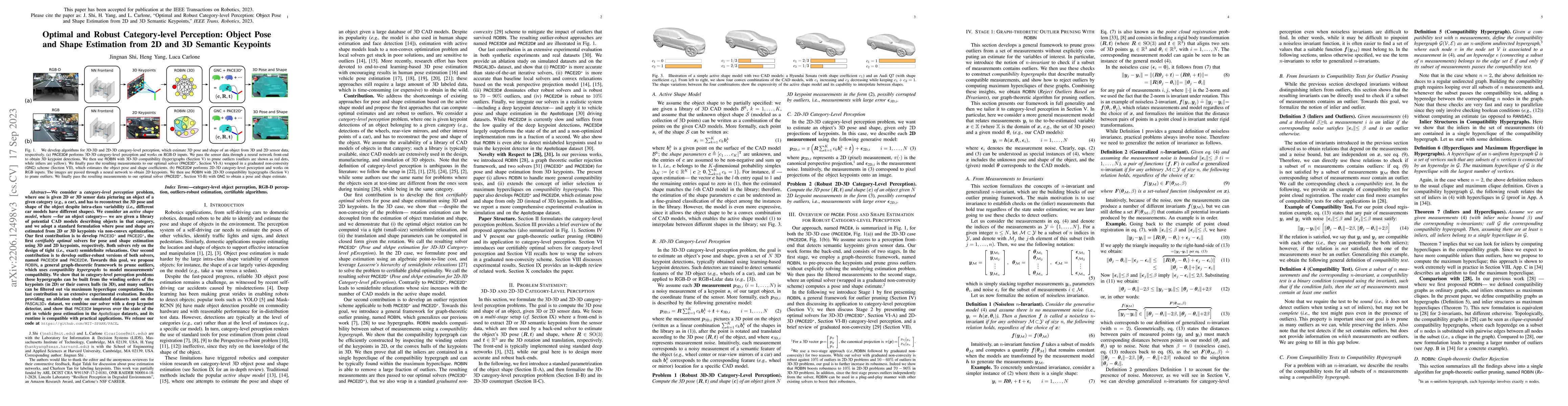 Thumbnail for Optimal and Robust Category-level Perception: Object Pose and Shape
  Estimation from 2D and 3D Semantic Keypoints