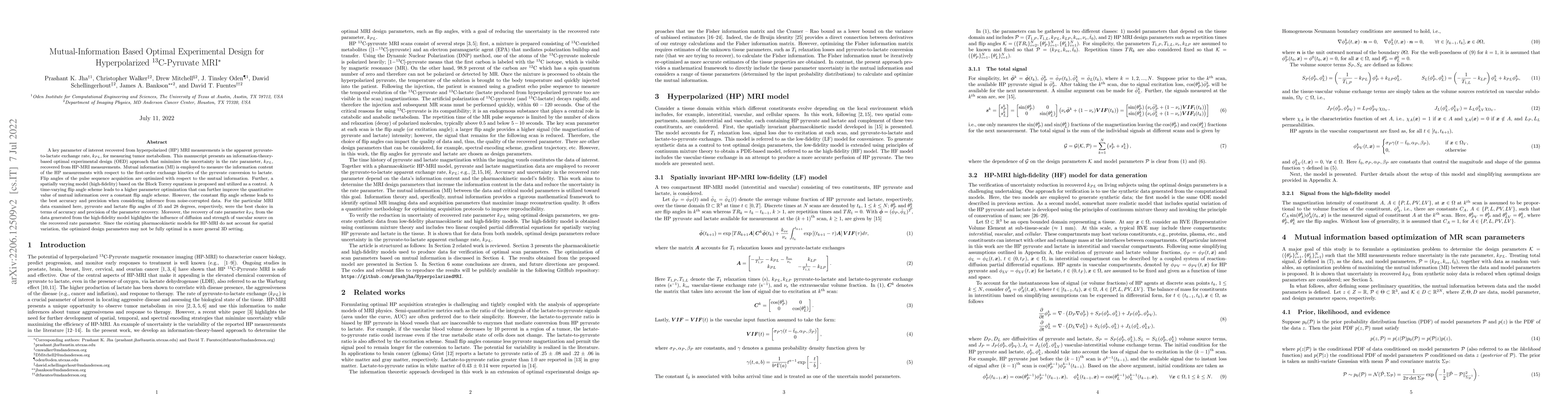 Thumbnail for Mutual-Information Based Optimal Experimental Design for Hyperpolarized
  $^{13}$C-Pyruvate MRI