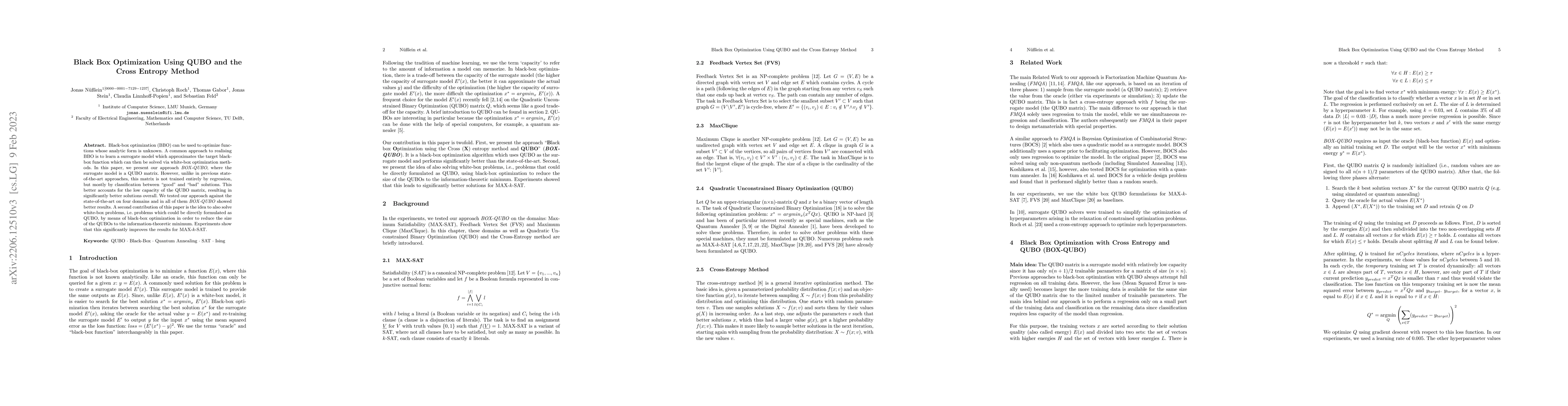 Thumbnail for Black Box Optimization Using QUBO and the Cross Entropy Method