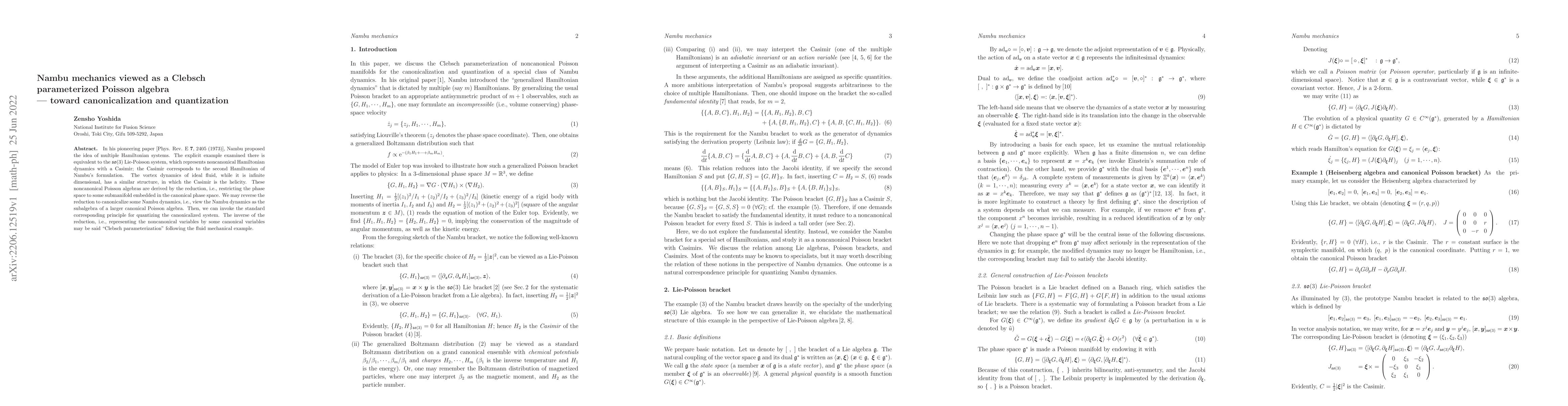 Thumbnail for Nambu mechanics viewed as a Clebsch parameterized Poisson algebra --
  toward canonicalization and quantization