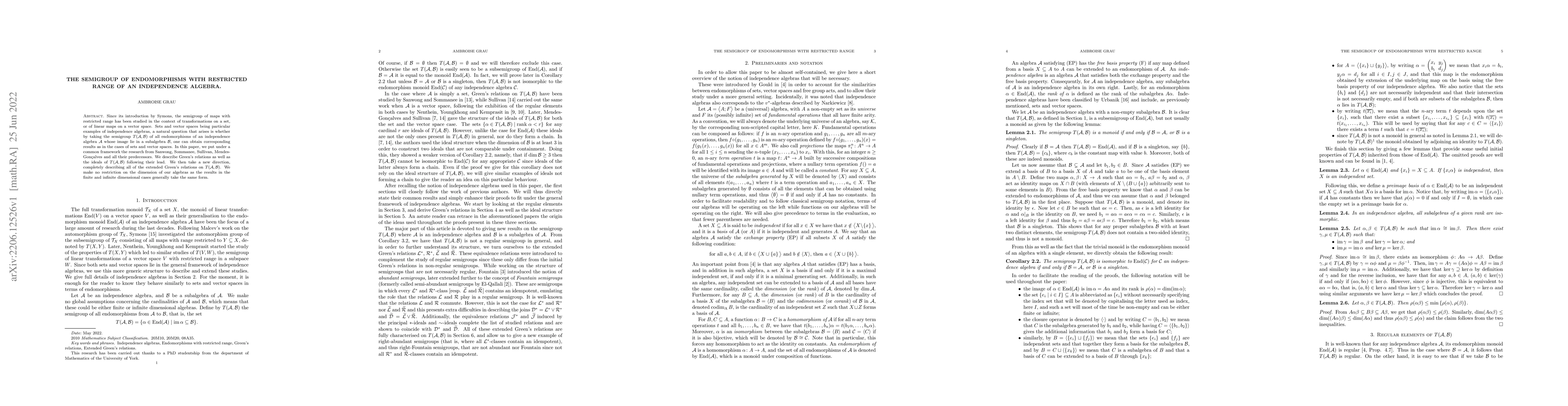 Thumbnail for The semigroup of endomorphisms with restricted range of an independence
  algebra