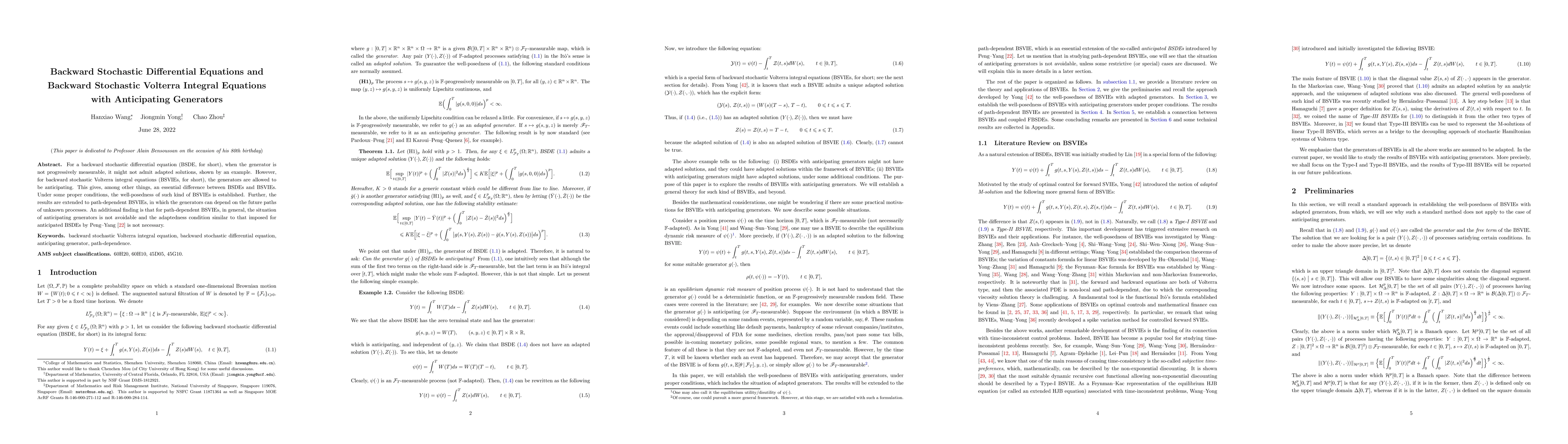 Thumbnail for Backward Stochastic Differential Equations and Backward Stochastic
  Volterra Integral Equations with Anticipating Generators