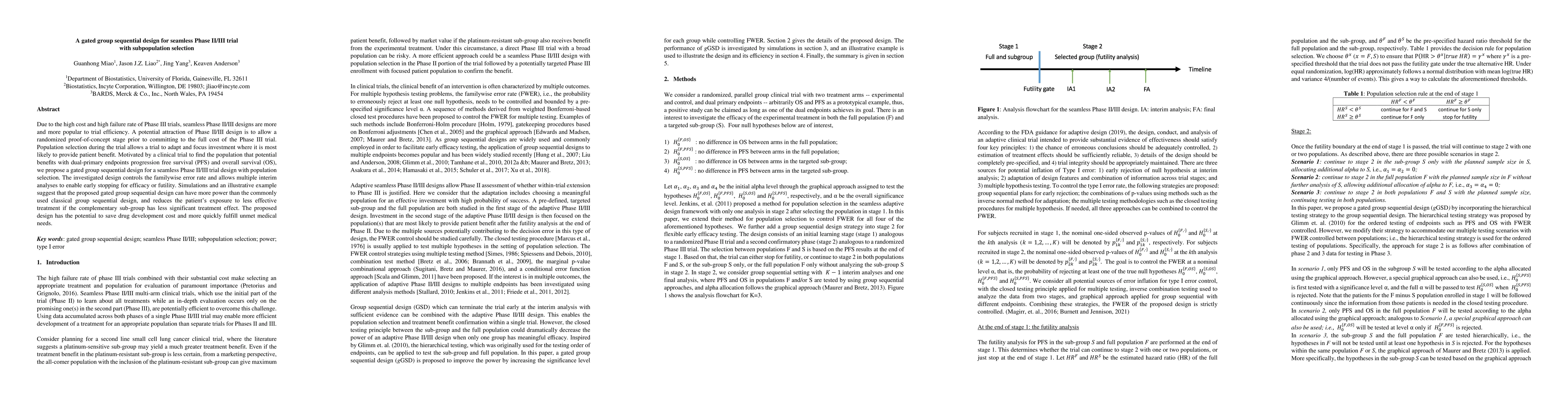 Thumbnail for A gated group sequential design for seamless Phase II/III trial with
  subpopulation selection