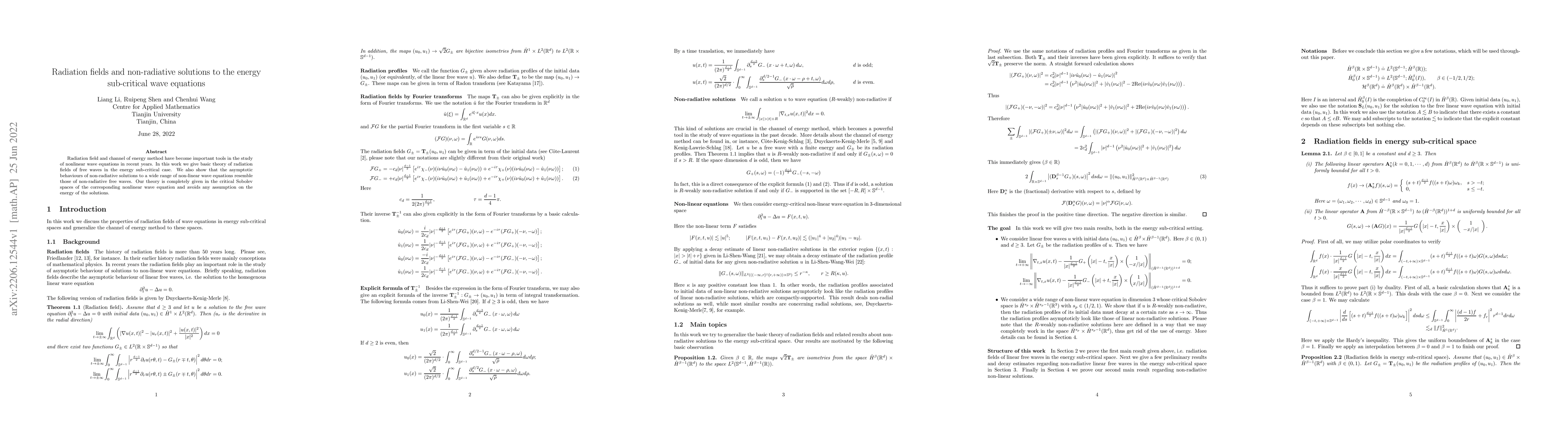 Thumbnail for Radiation fields and non-radiative solutions to the energy sub-critical
  wave equations