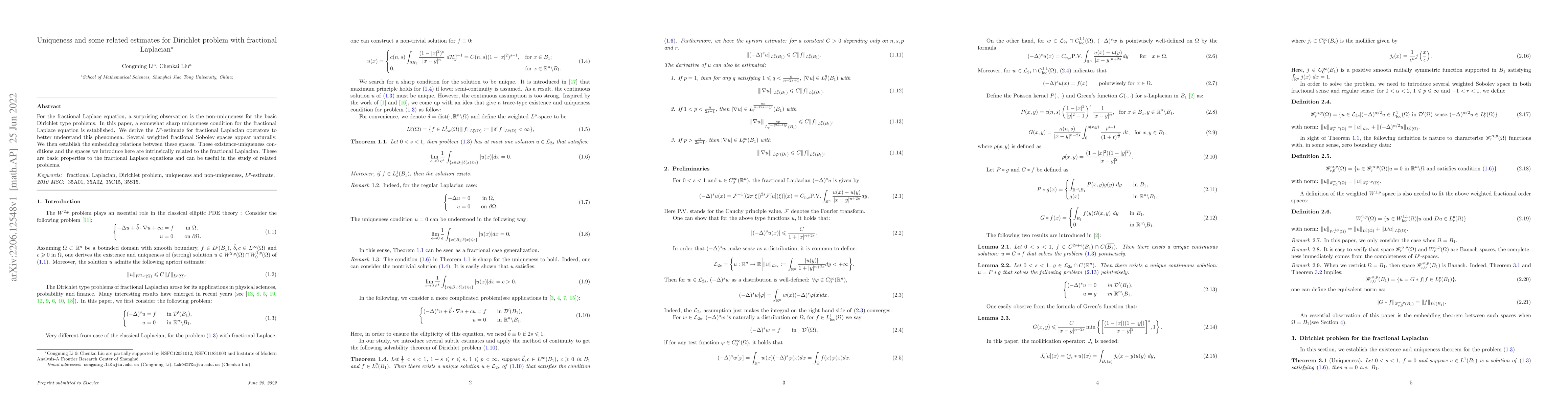 Thumbnail for Uniqueness and some related estimates for Dirichlet problem with
  fractional Laplacian
