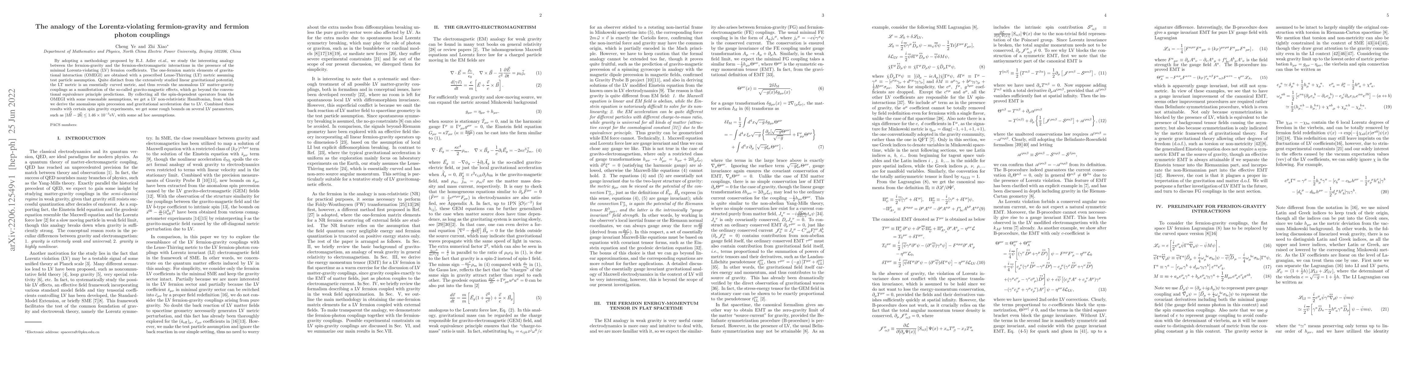 Thumbnail for The analogy of the Lorentz-violating fermion-gravity and fermion photon
  couplings