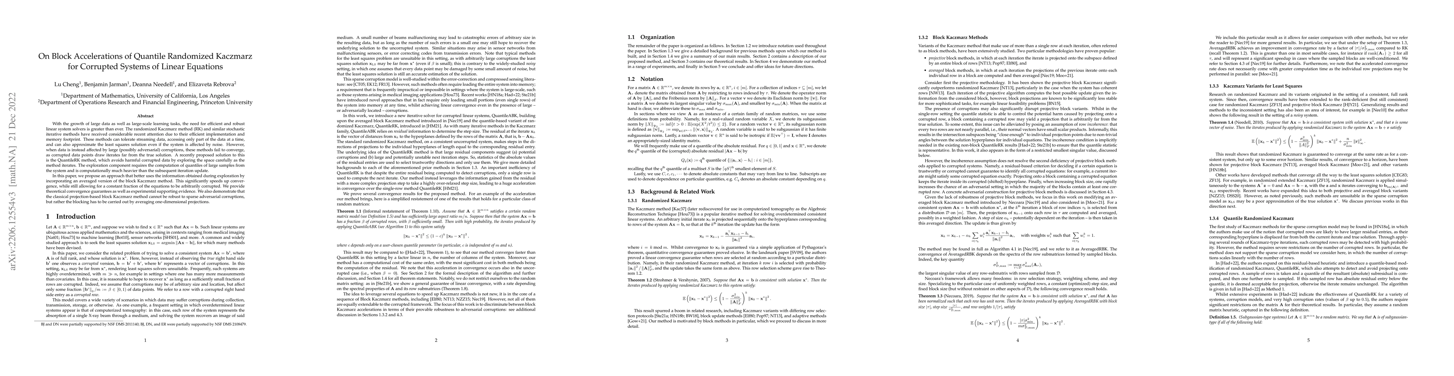 Thumbnail for On Block Accelerations of Quantile Randomized Kaczmarz for Corrupted
  Systems of Linear Equations