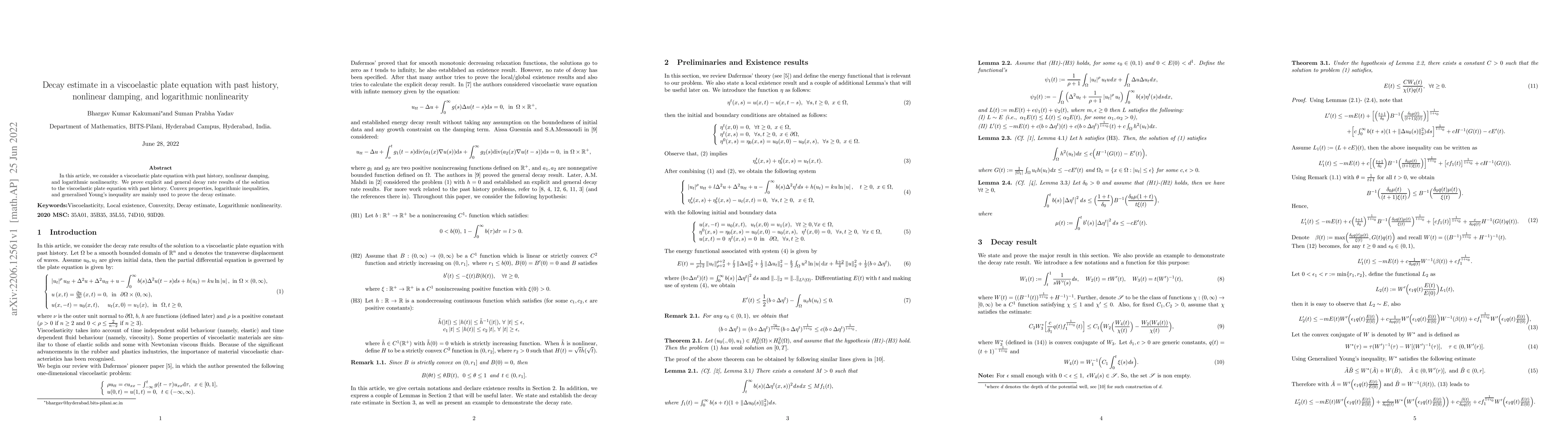 Thumbnail for Decay estimate in a viscoelastic plate equation with past history,
  nonlinear damping, and logarithmic nonlinearity