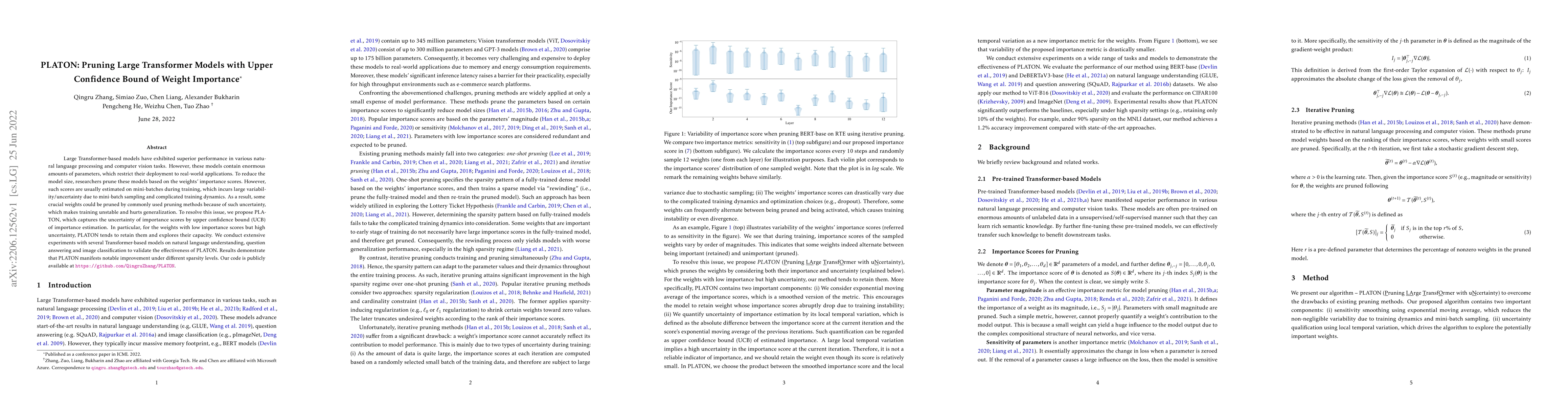 Thumbnail for PLATON: Pruning Large Transformer Models with Upper Confidence Bound of
  Weight Importance