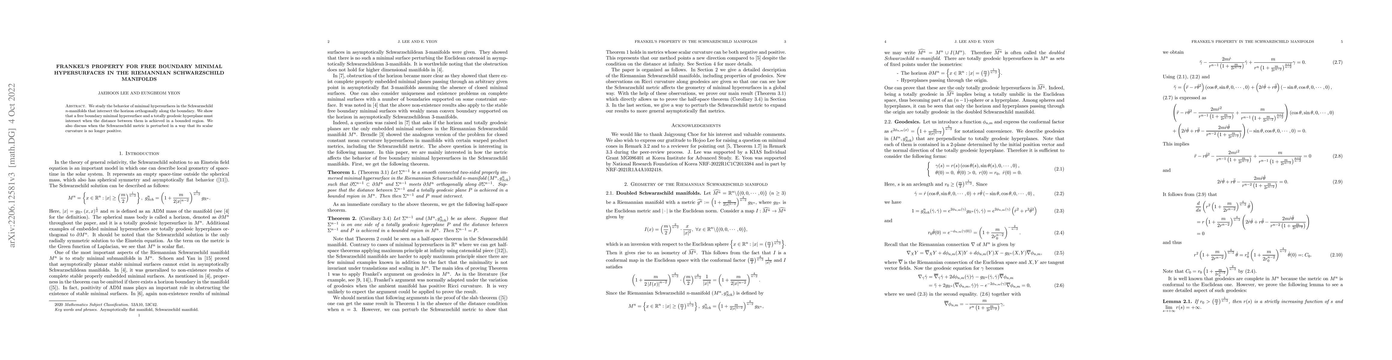 Thumbnail for Frankel's property for free boundary minimal hypersurfaces in the
  Riemannian Schwarzschild manifolds