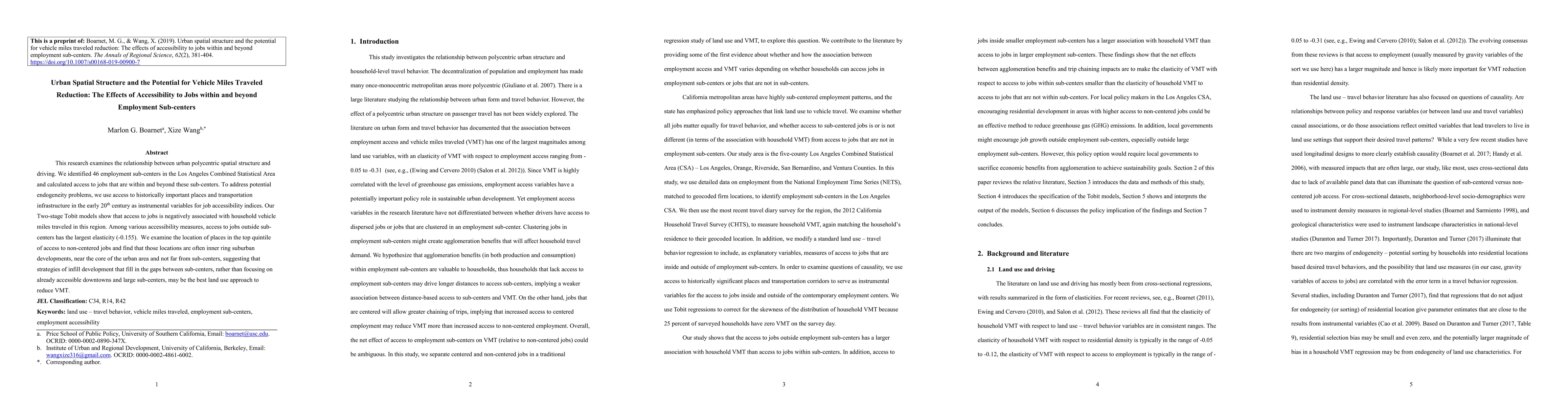 Thumbnail for Urban Spatial Structure and the Potential for Vehicle Miles Traveled
  Reduction: The Effects of Accessibility to Jobs within and beyond Employment
  Sub-centers
