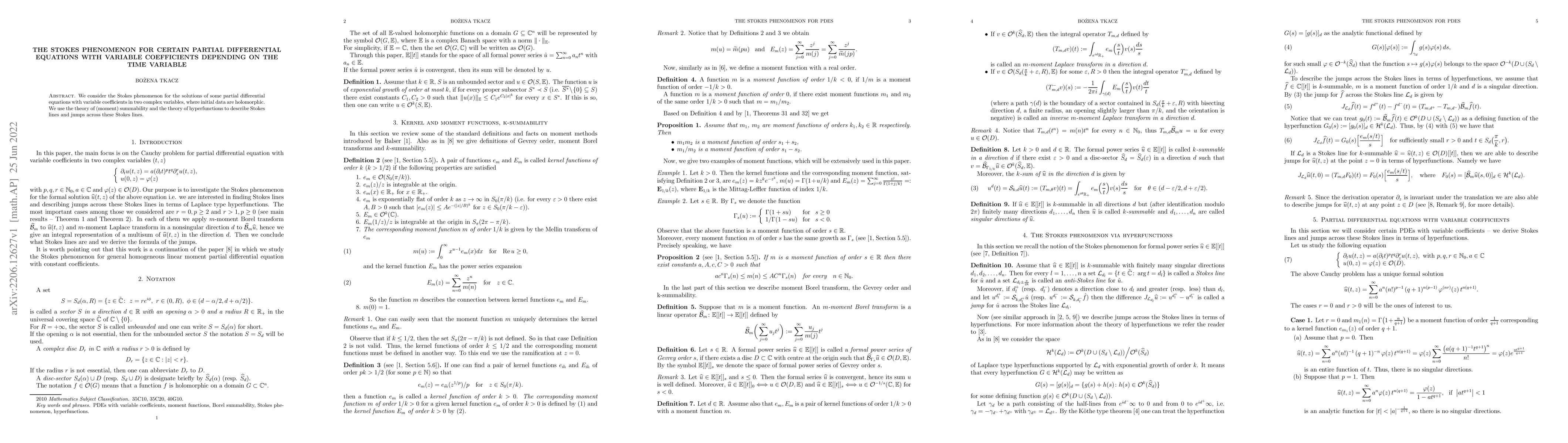Thumbnail for The Stokes phenomenon for certain partial differential equations with
  variable coefficients depending on the time variable