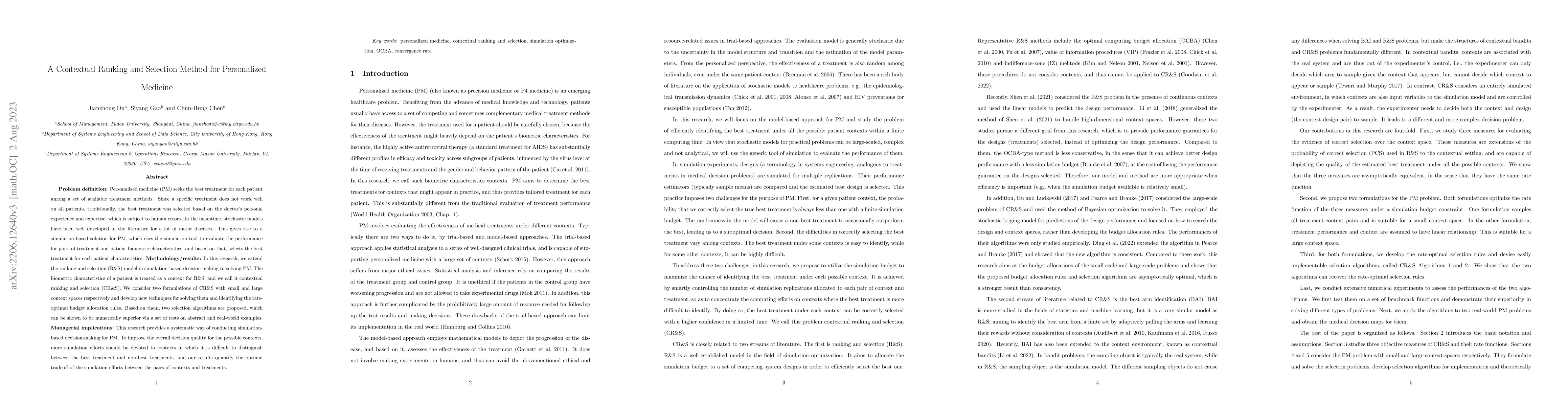 Thumbnail for A Contextual Ranking and Selection Method for Personalized Medicine