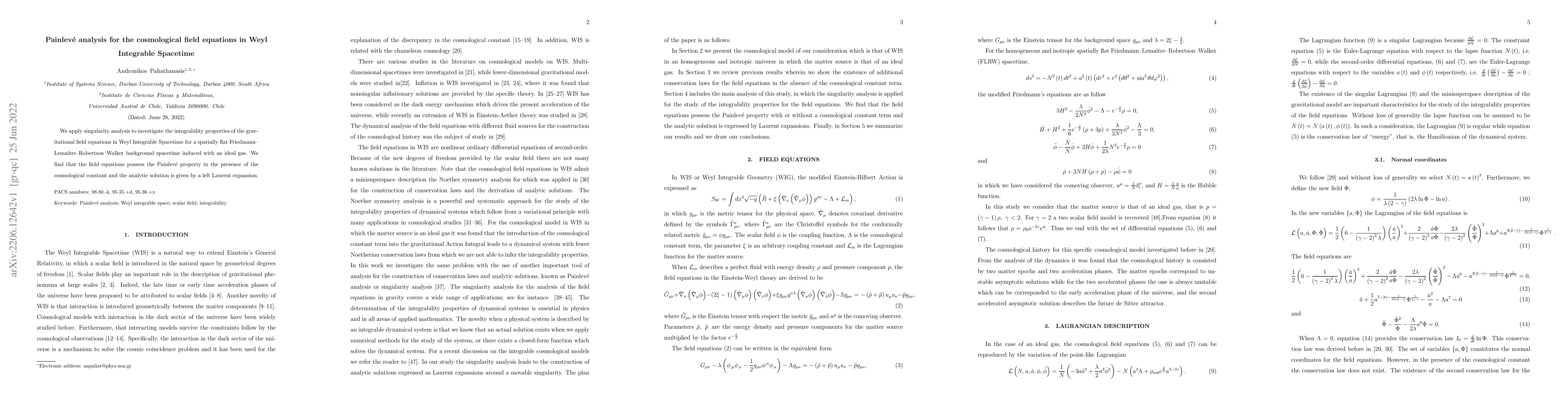Thumbnail for Painlev\'e analysis for the cosmological field equations in Weyl
  Integrable Spacetime