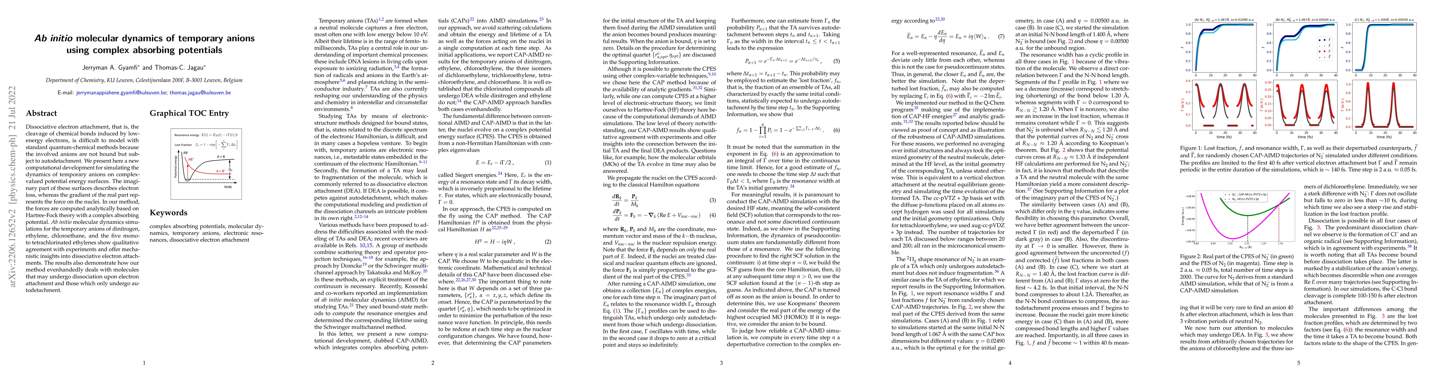Thumbnail for $Ab\ initio$ molecular dynamics of temporary anions using complex
  absorbing potentials