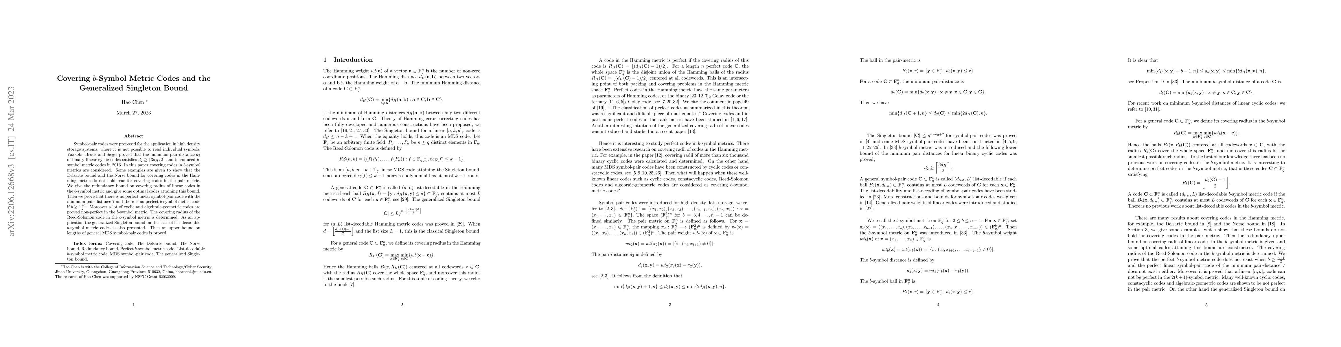 Thumbnail for Covering $b$-Symbol Metric Codes and the Generalized Singleton Bound