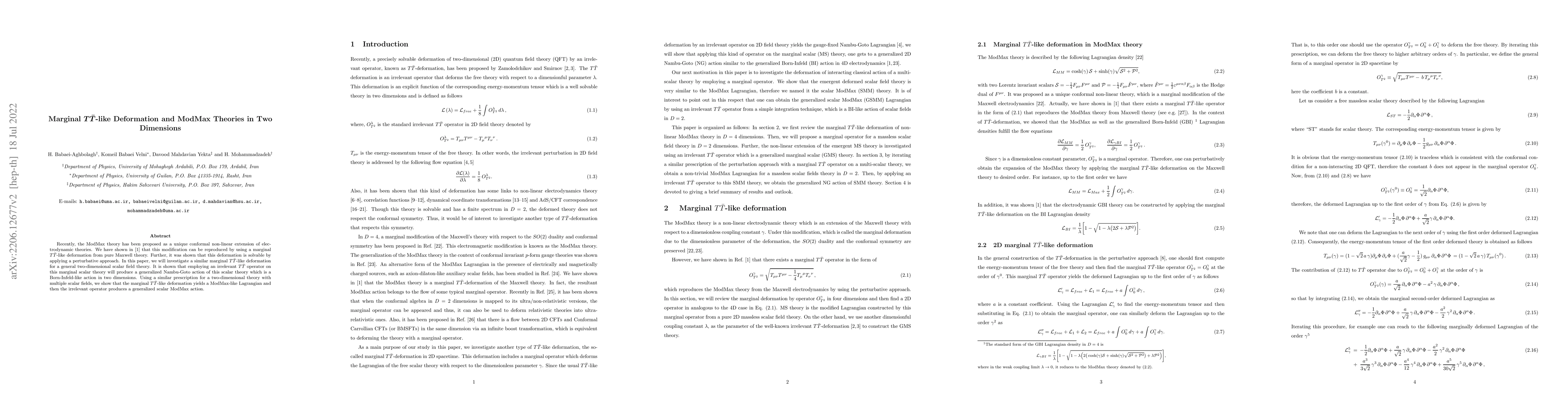 Thumbnail for Marginal $T\bar{T}$-Like Deformation and ModMax Theories in Two
  Dimensions