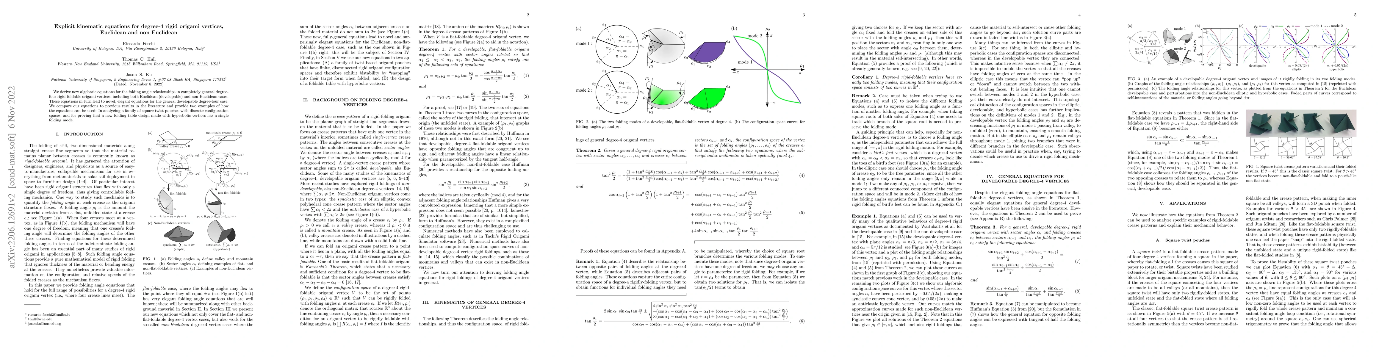 Thumbnail for Explicit kinematic equations for degree-4 rigid origami vertices,
  Euclidean and non-Euclidean