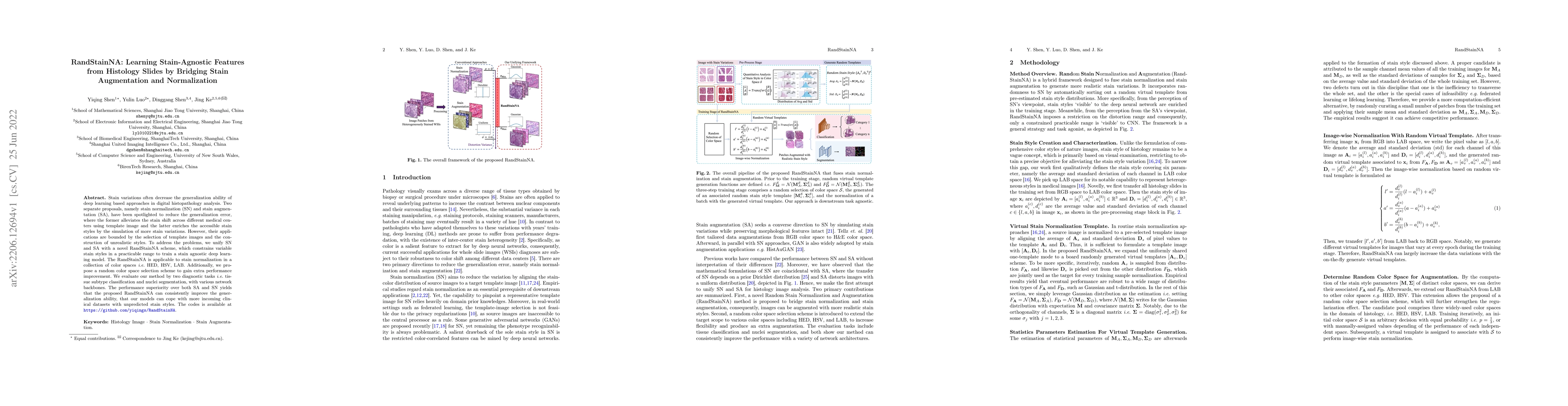 Thumbnail for RandStainNA: Learning Stain-Agnostic Features from Histology Slides by
  Bridging Stain Augmentation and Normalization