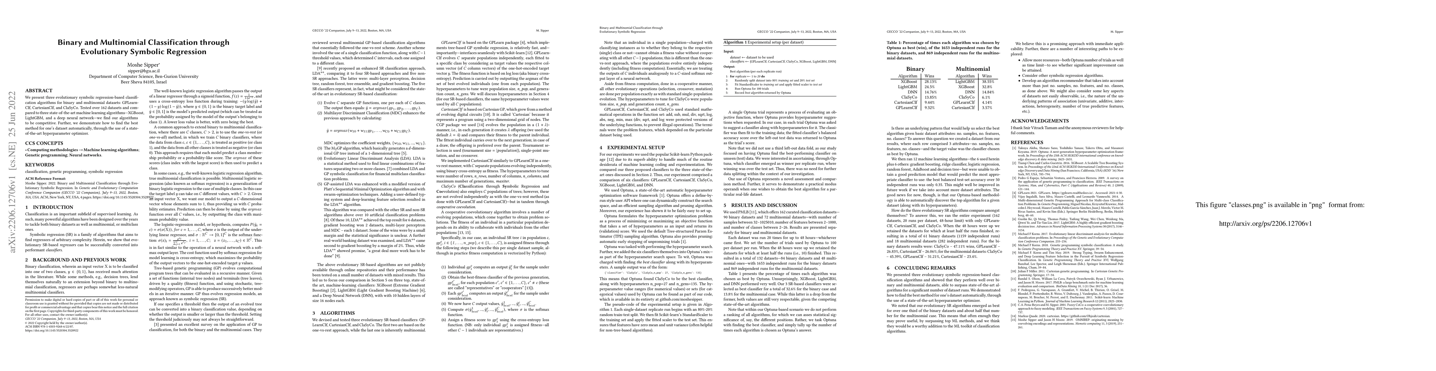 Thumbnail for Binary and Multinomial Classification through Evolutionary Symbolic
  Regression