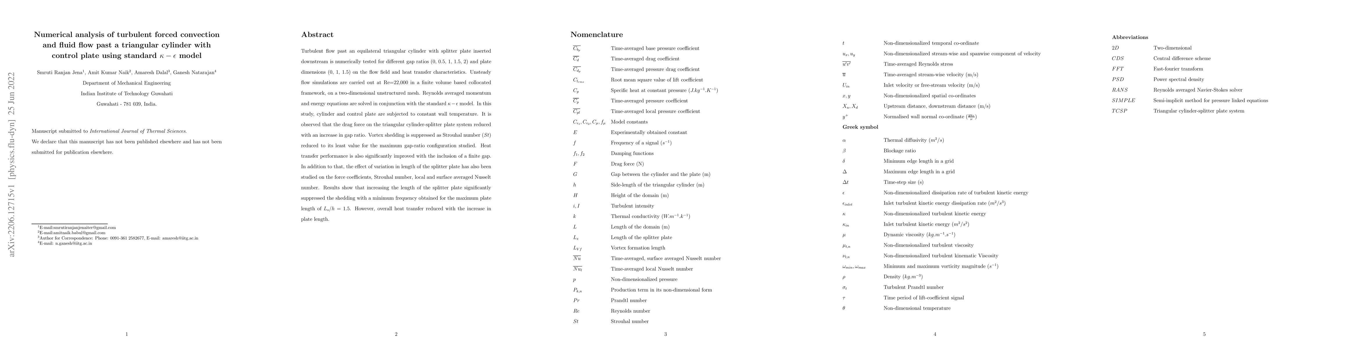 Thumbnail for Numerical analysis of turbulent forced convection and fluid flow past a
  triangular cylinder with control plate using standard $\kappa$-$\epsilon$
  model