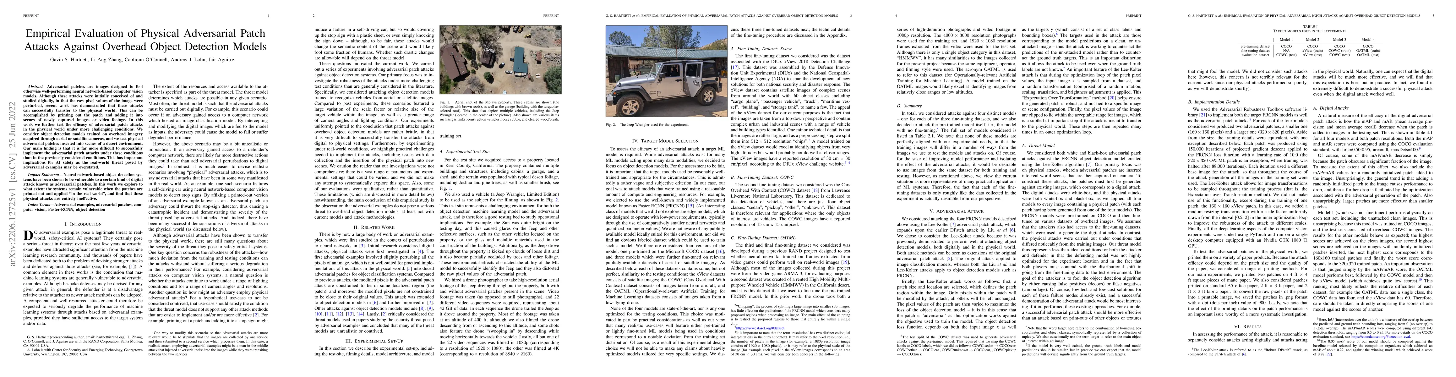 Thumbnail for Empirical Evaluation of Physical Adversarial Patch Attacks Against
  Overhead Object Detection Models