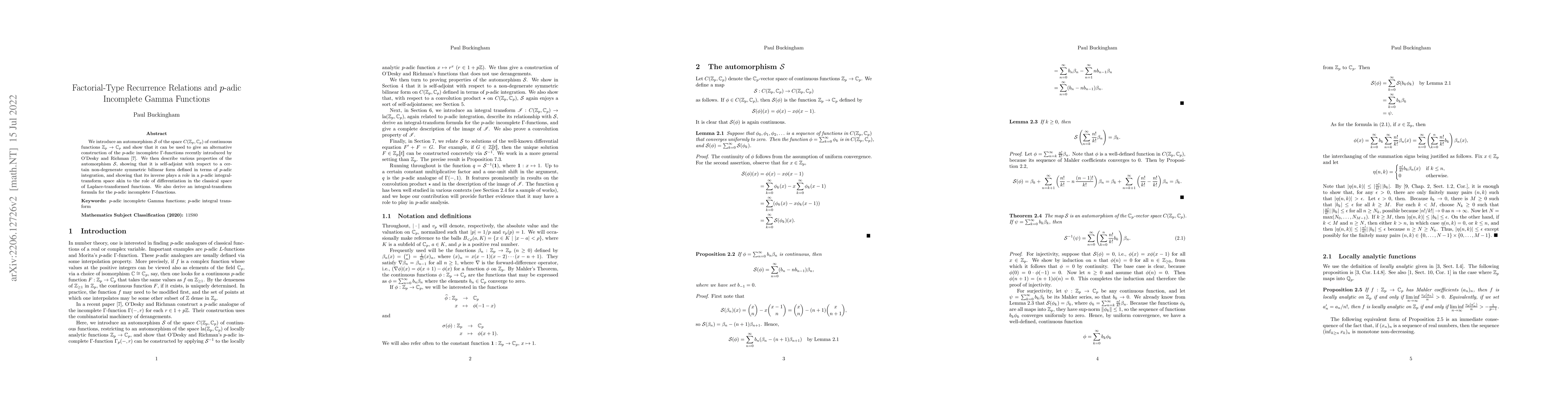 Thumbnail for Factorial-Type Recurrence Relations and $p$-adic Incomplete Gamma
  Functions