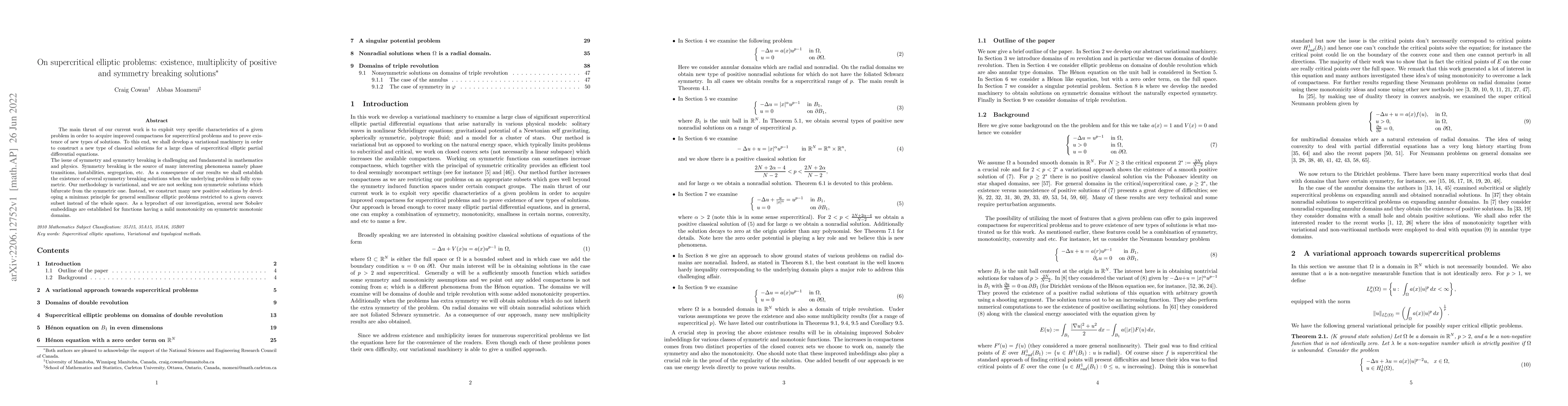 Thumbnail for On supercritical elliptic problems: existence, multiplicity of positive
  and symmetry breaking solutions