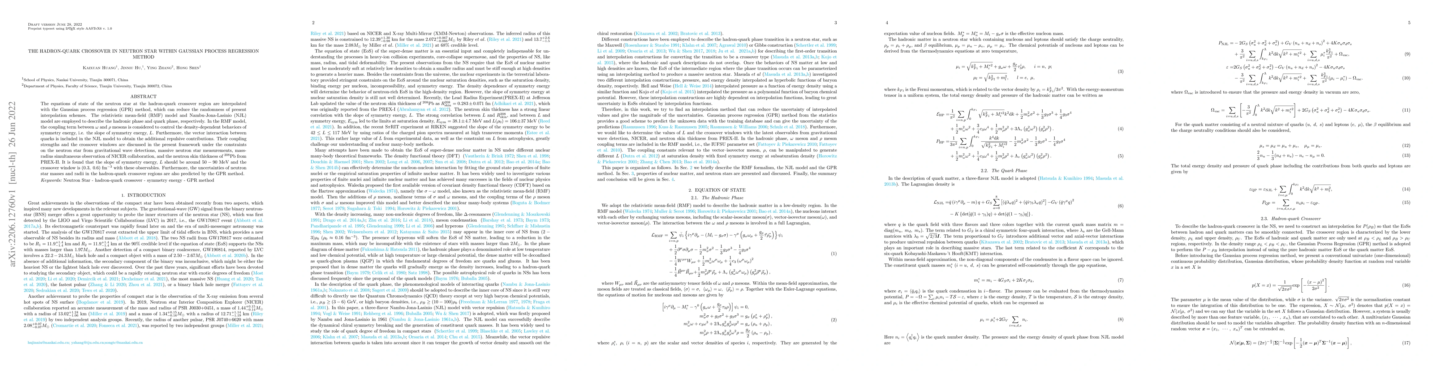 Thumbnail for The Hadron-Quark Crossover in Neutron Star within Gaussian Process
  Regression Method