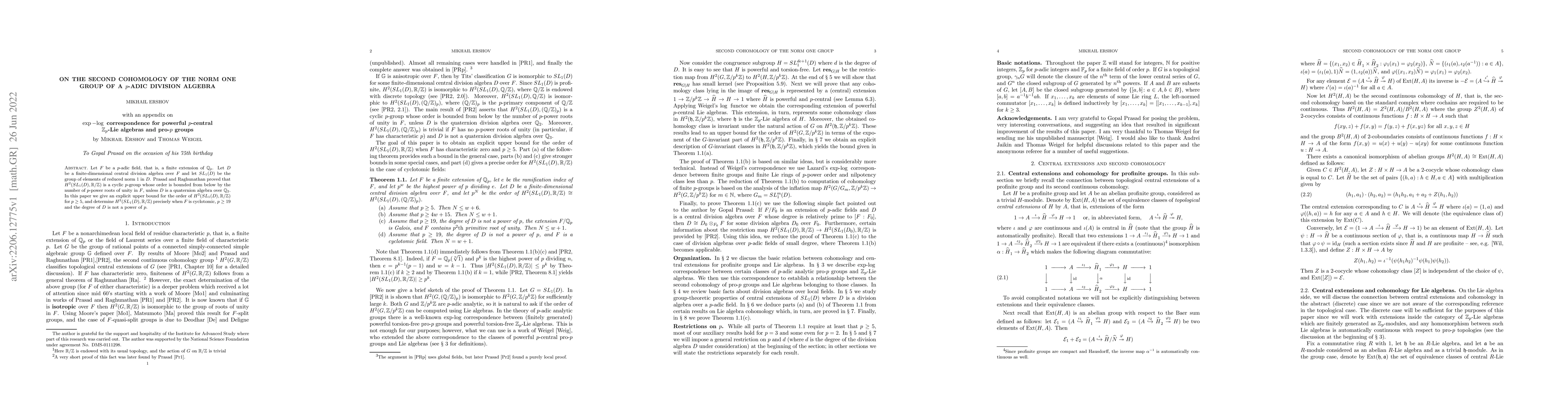 Thumbnail for On the second cohomology of the norm one group of a p-adic division
  algebra