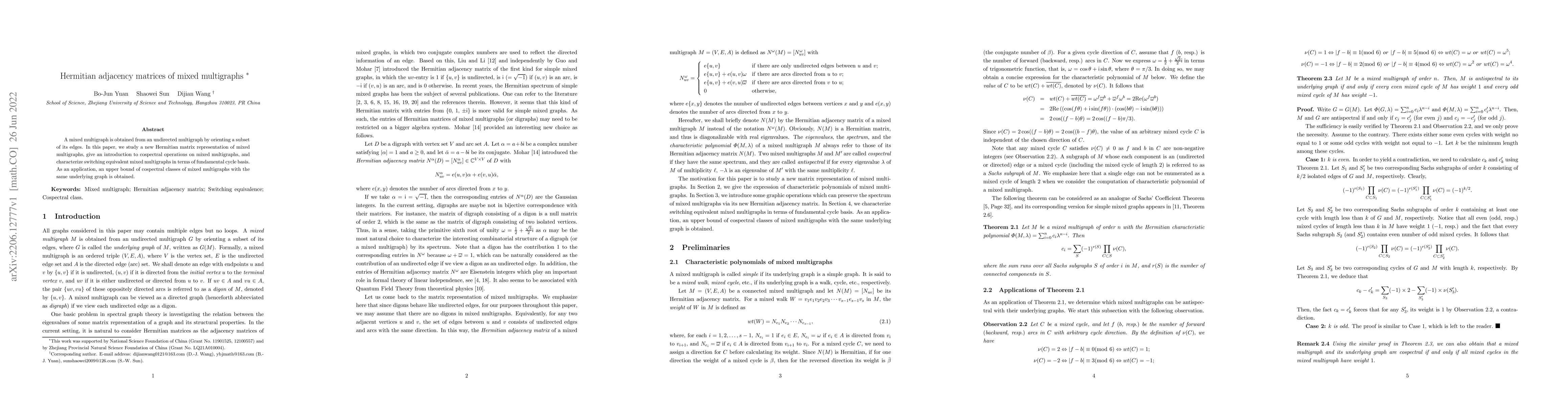 Thumbnail for Hermitian adjacency matrices of mixed multigraphs