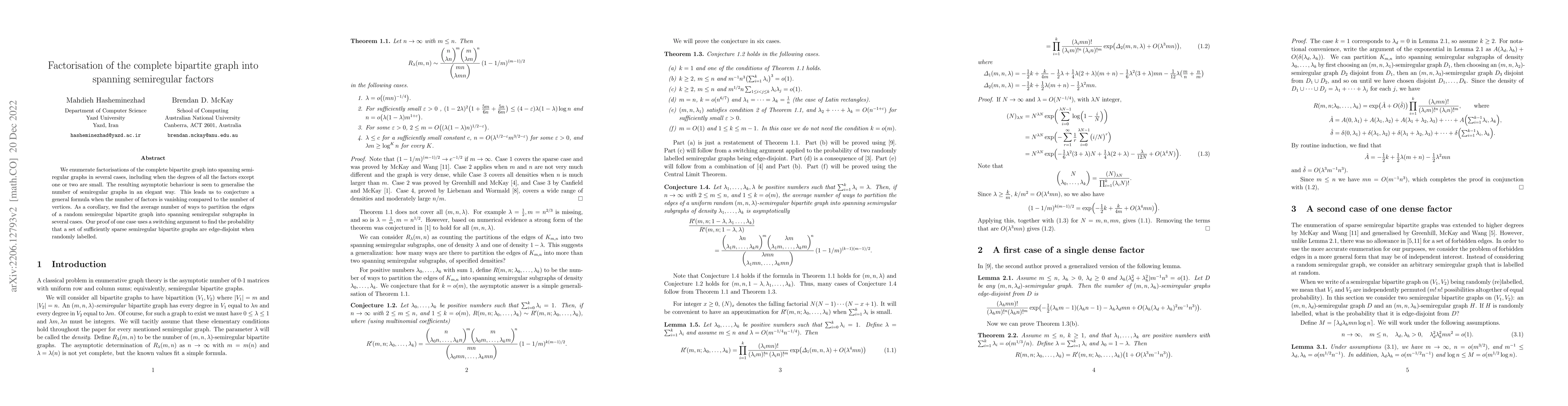 Thumbnail for Factorisation of the complete bipartite graph into spanning semiregular
  factors