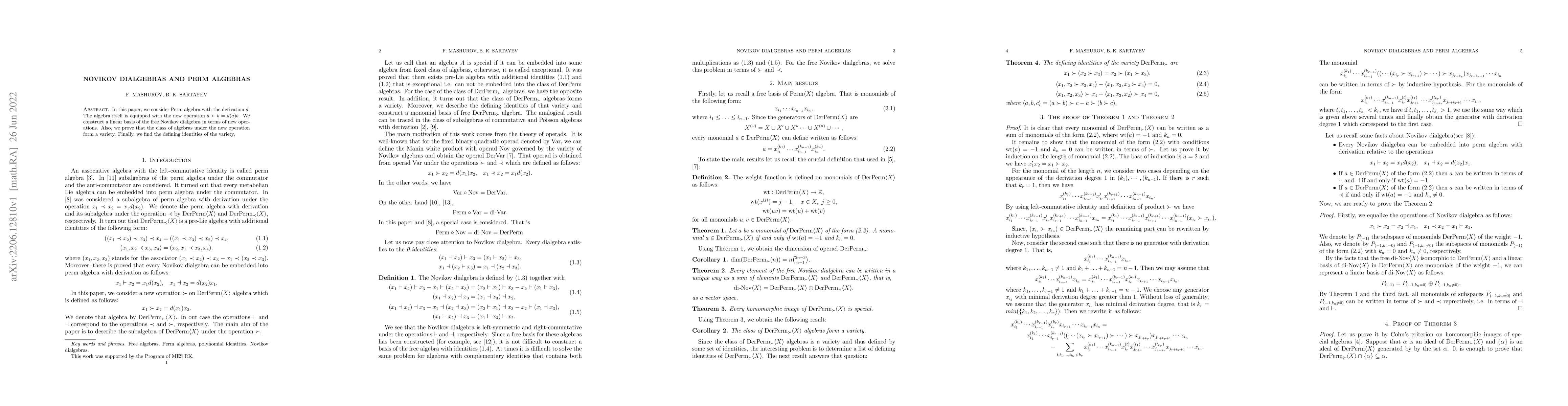 Thumbnail for Novikov dialgebras and perm algebras