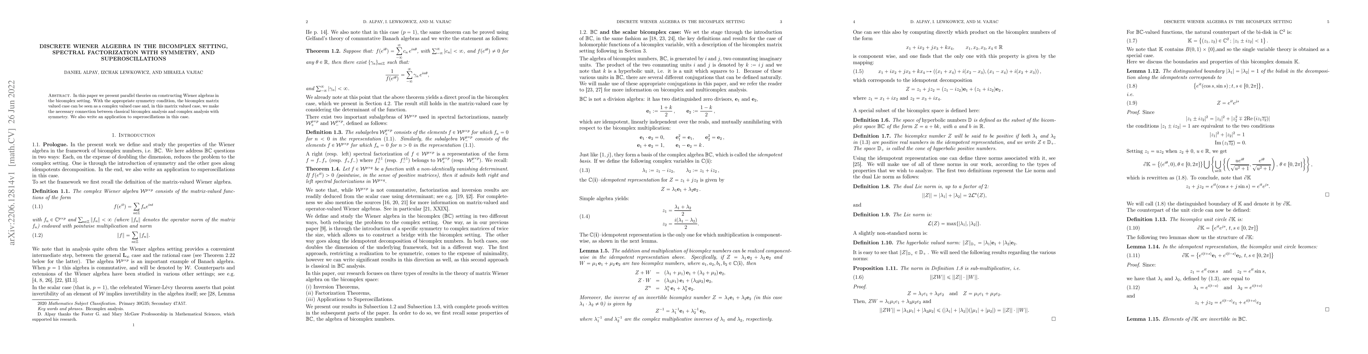 Thumbnail for Discrete Wiener Algebra in the Bicomplex Setting, Spectral Factorization
  with Symmetry, and Superoscillations