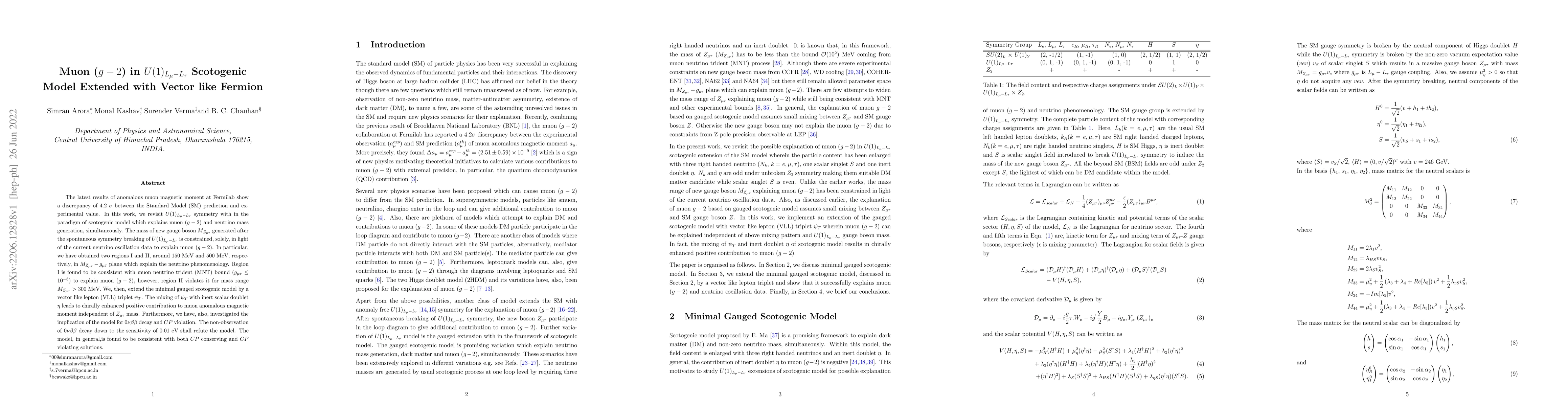 Thumbnail for Muon ($g-2$) in $U(1)_{L_{\mu}-L_{\tau}}$ Scotogenic Model Extended with
  Vector like Fermion