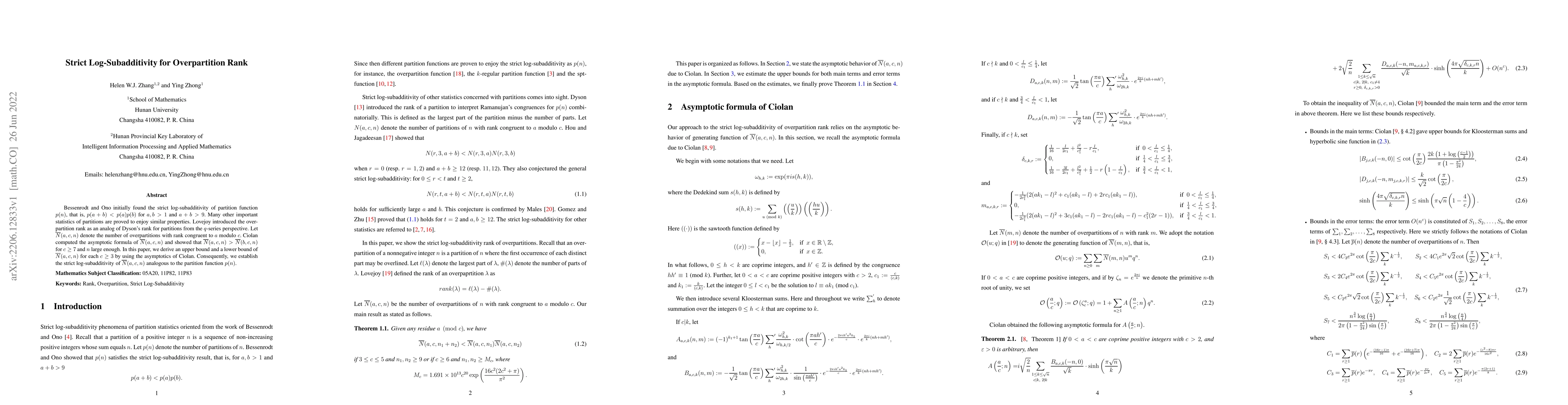 Thumbnail for Strict Log-Subadditivity for Overpartition Rank