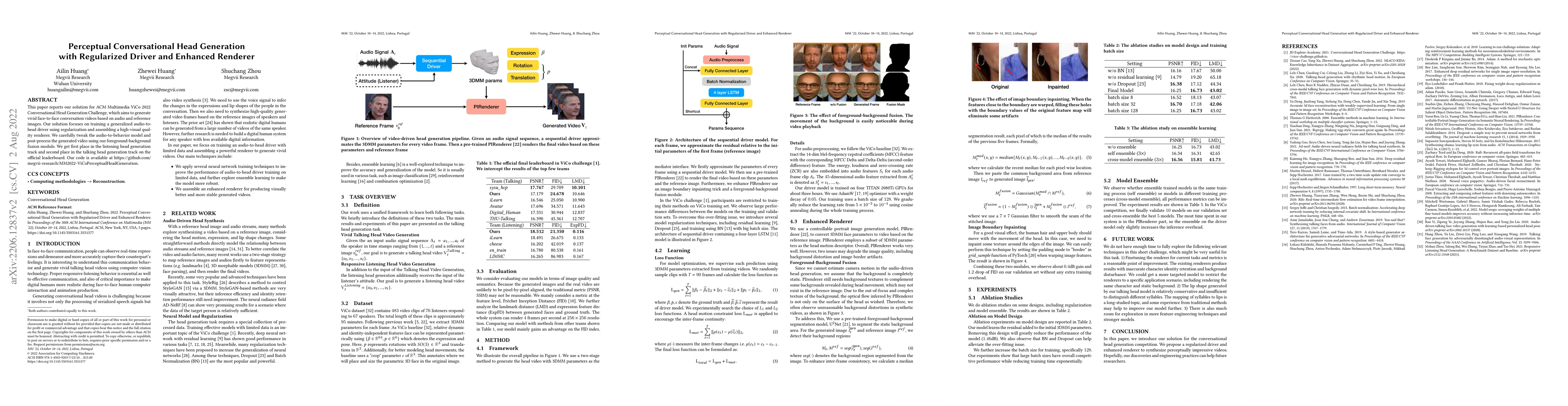 Thumbnail for Perceptual Conversational Head Generation with Regularized Driver and
  Enhanced Renderer