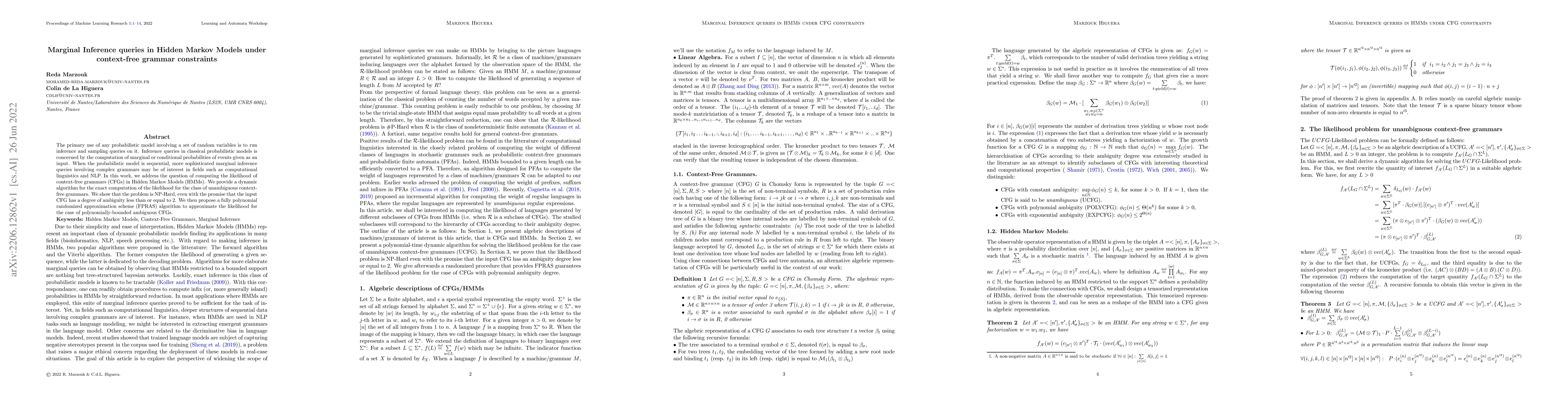 Thumbnail for Marginal Inference queries in Hidden Markov Models under context-free
  grammar constraints