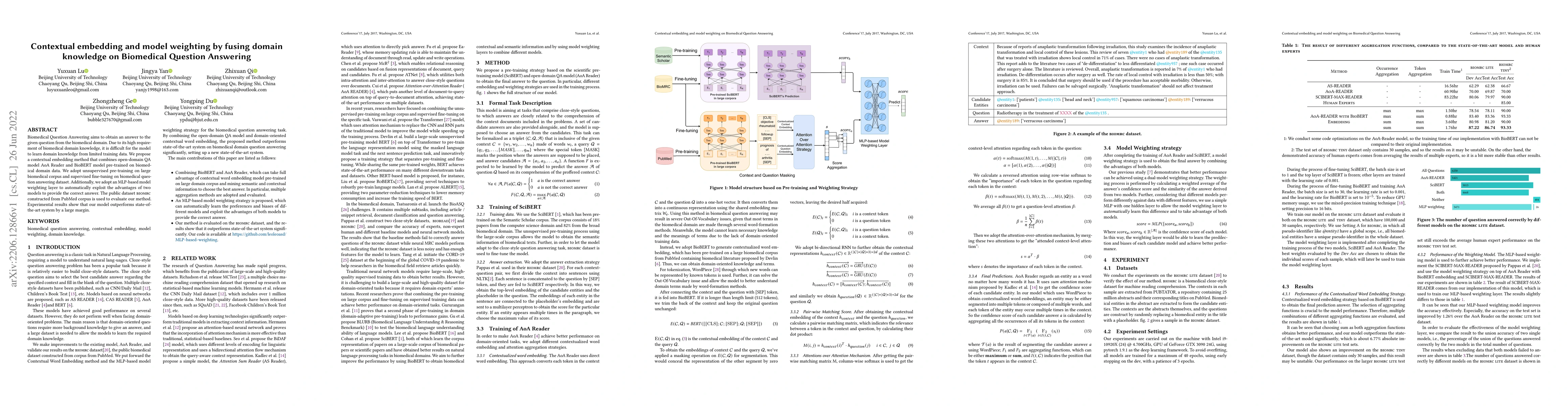 Thumbnail for Contextual embedding and model weighting by fusing domain knowledge on
  Biomedical Question Answering
