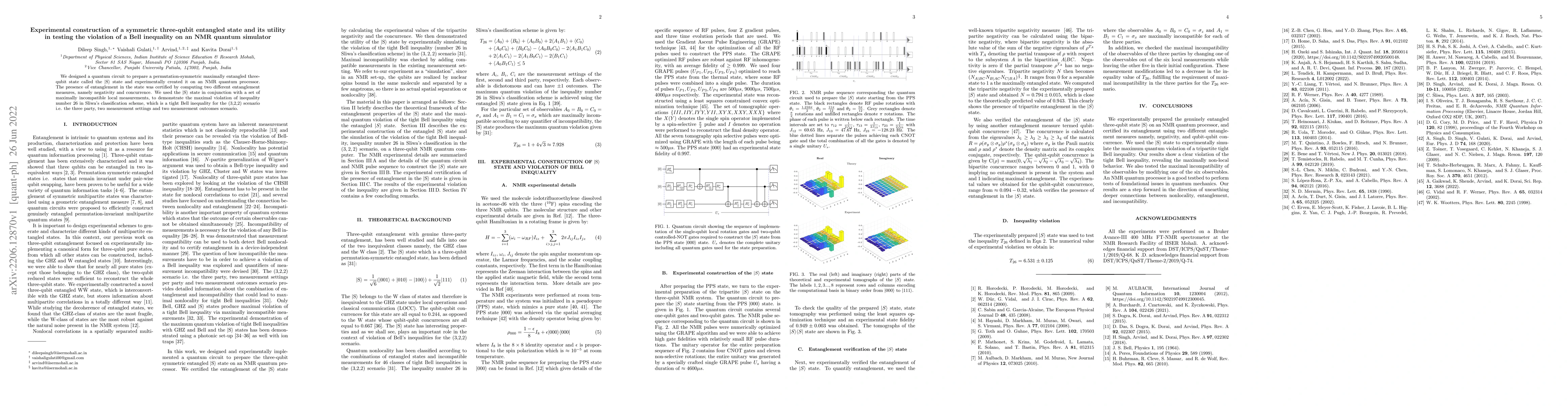 Thumbnail for Experimental construction of a symmetric three-qubit entangled state and
  its utility in testing the violation of a Bell inequality on an NMR quantum
  simulator