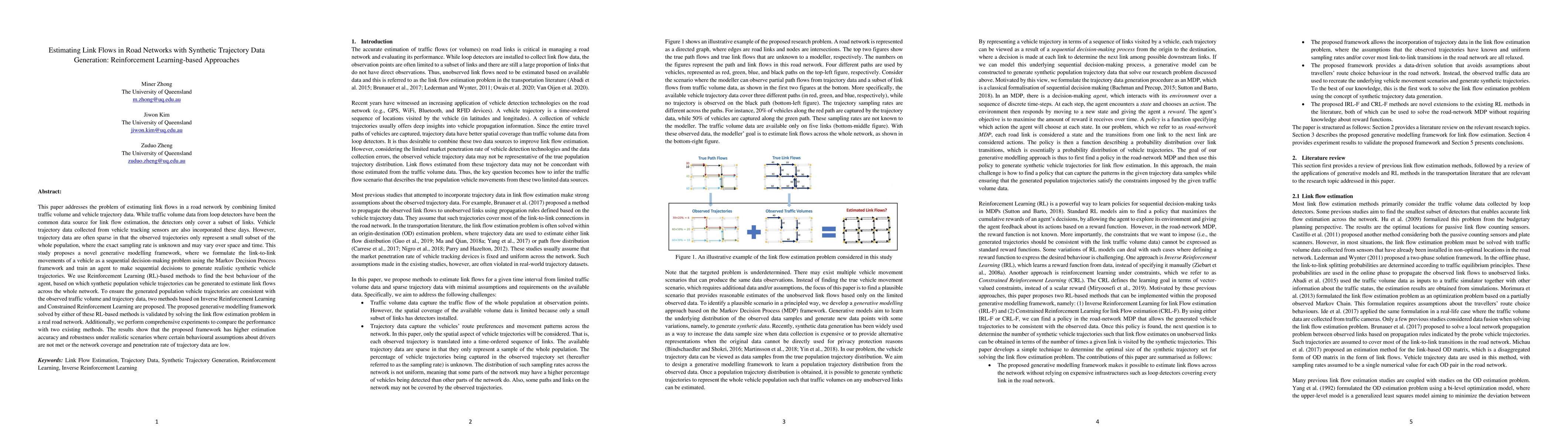 Thumbnail for Estimating Link Flows in Road Networks with Synthetic Trajectory Data
  Generation: Reinforcement Learning-based Approaches