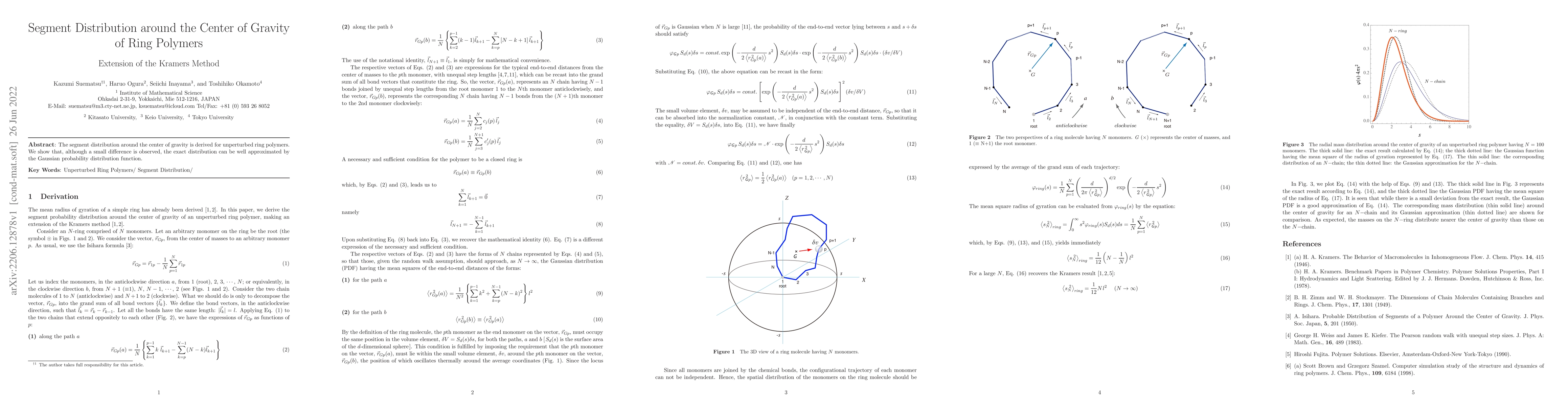 Thumbnail for Segment Distribution around the Center of Gravity of Ring Polymers:
  Extension of the Kramers Method