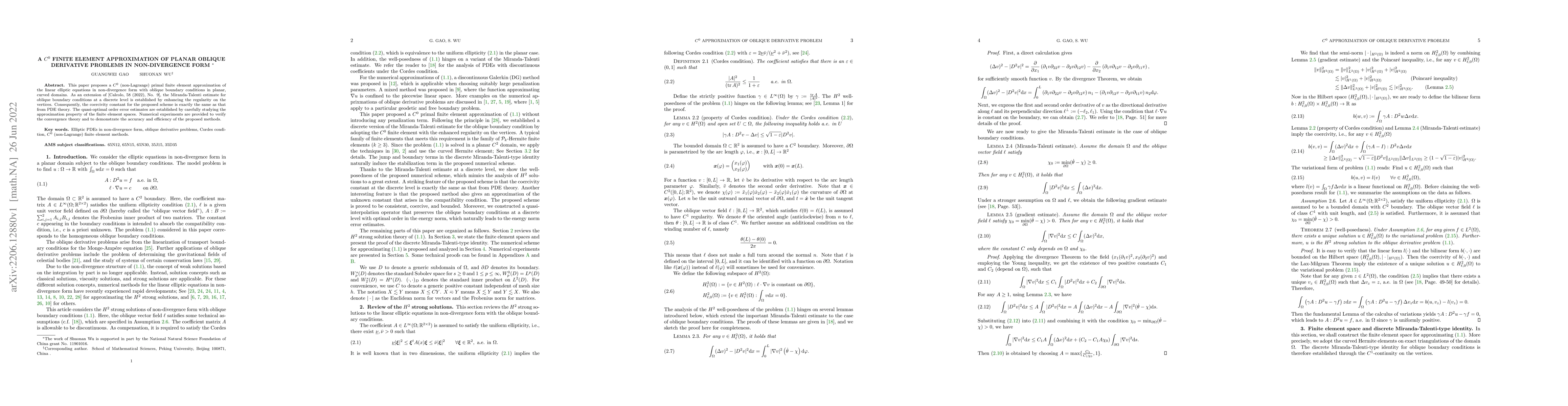 Thumbnail for A $C^{0}$ finite element approximation of planar oblique derivative
  problems in non-divergence form