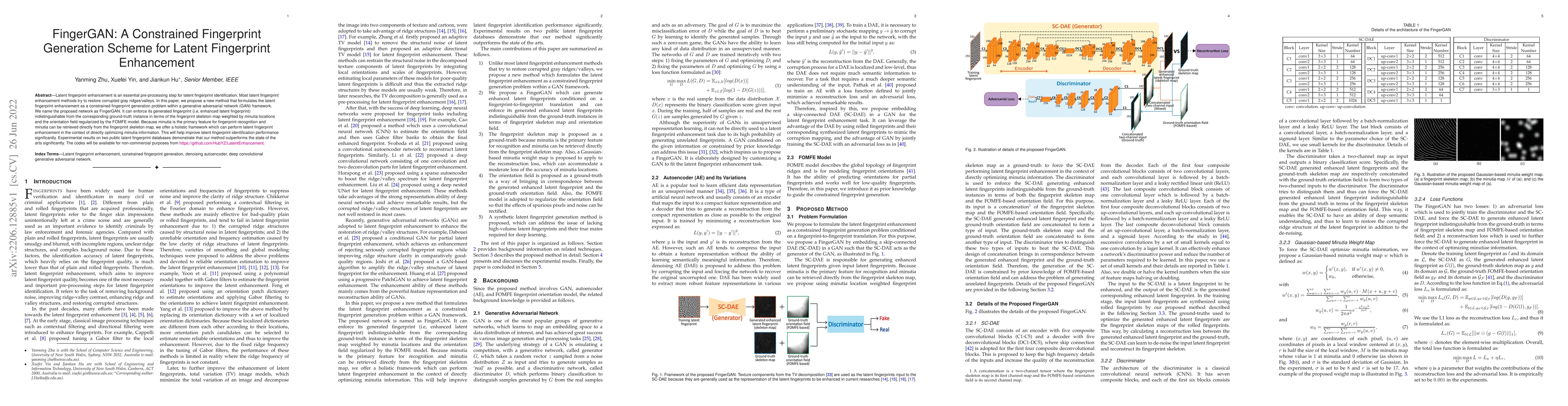 Thumbnail for FingerGAN: A Constrained Fingerprint Generation Scheme for Latent
  Fingerprint Enhancement