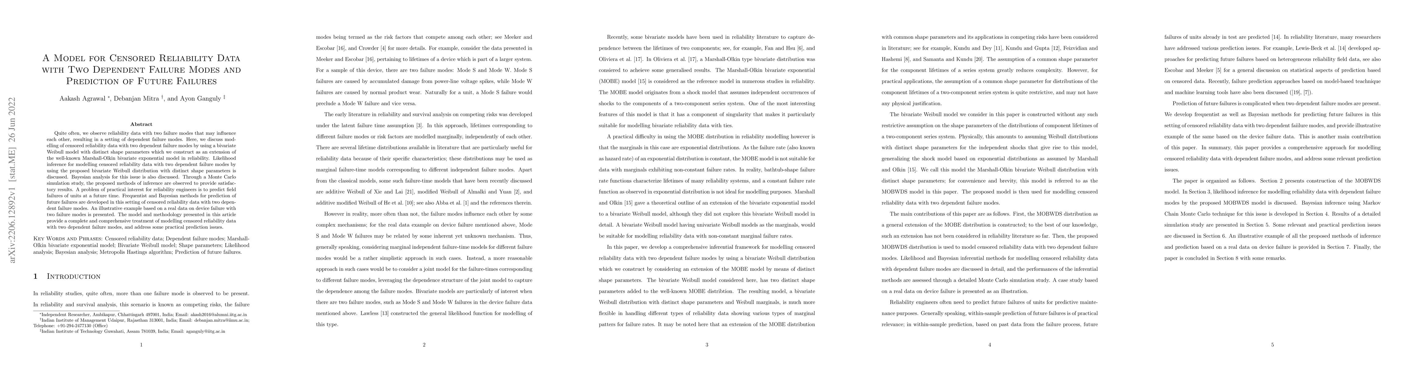 Thumbnail for A Model for Censored Reliability Data with Two Dependent Failure Modes
  and Prediction of Future Failures
