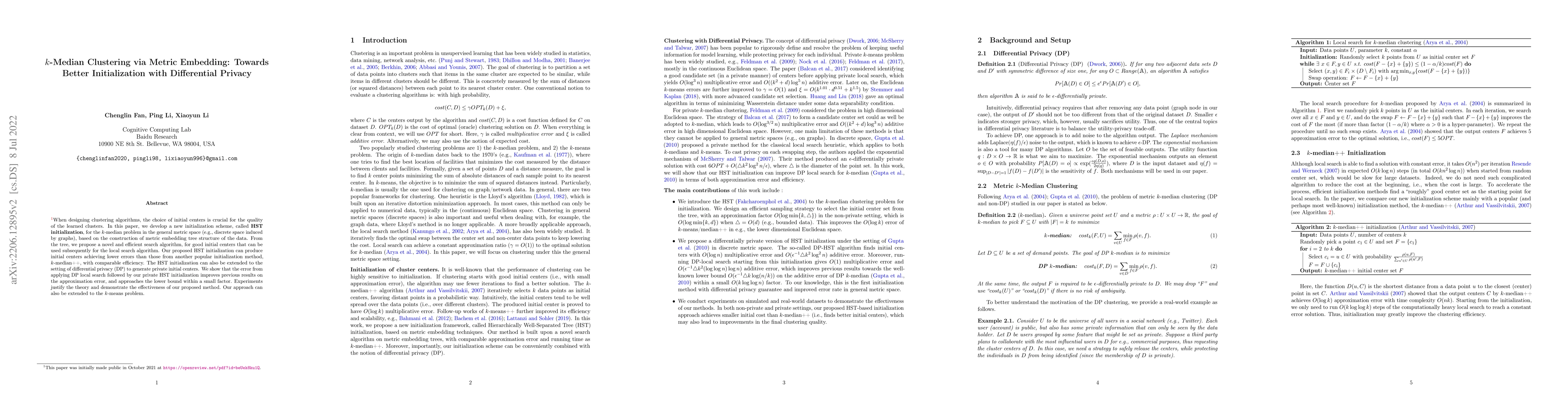 Thumbnail for $k$-Median Clustering via Metric Embedding: Towards Better
  Initialization with Differential Privacy