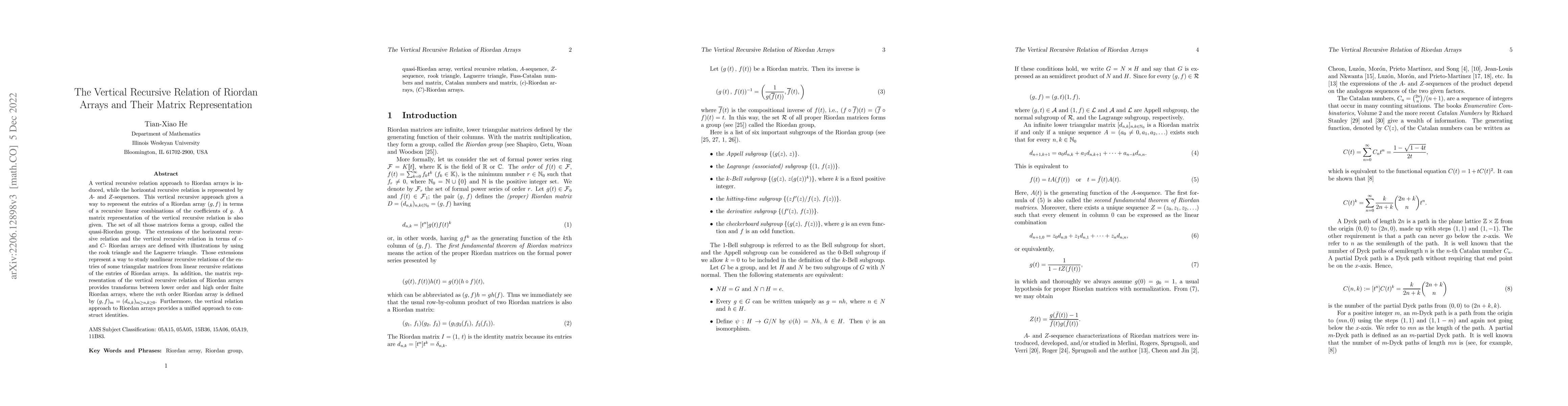 Thumbnail for The Vertical Recursive Relation of Riordan Arrays and Their Matrix
  Representation