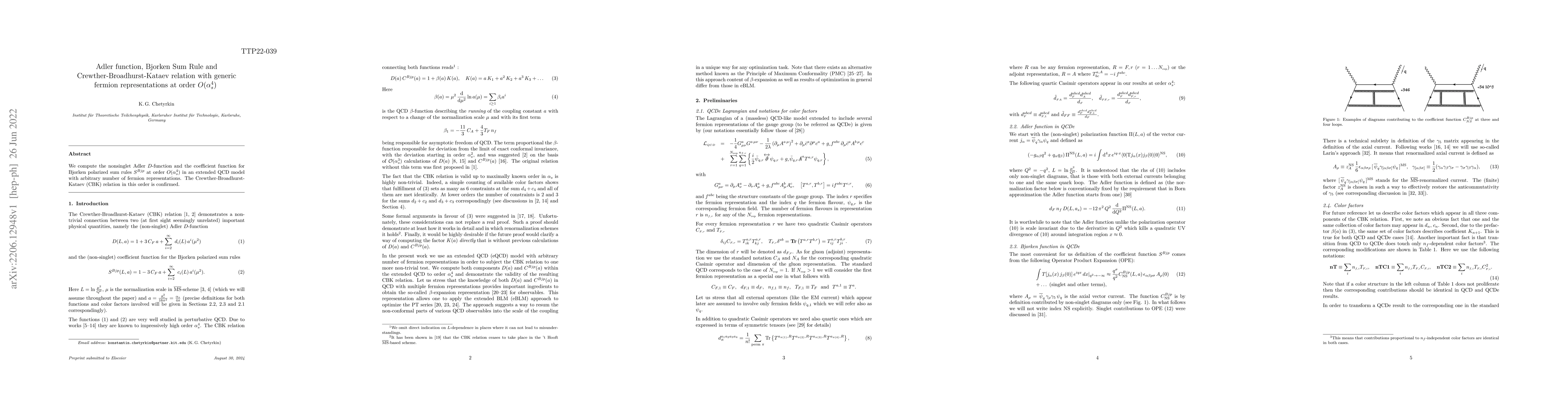 Thumbnail for Adler function, Bjorken Sum Rule and Crewther-Broadhurst-Kataev relation
  with generic fermion representations at order $O(\alpha^4_s)$