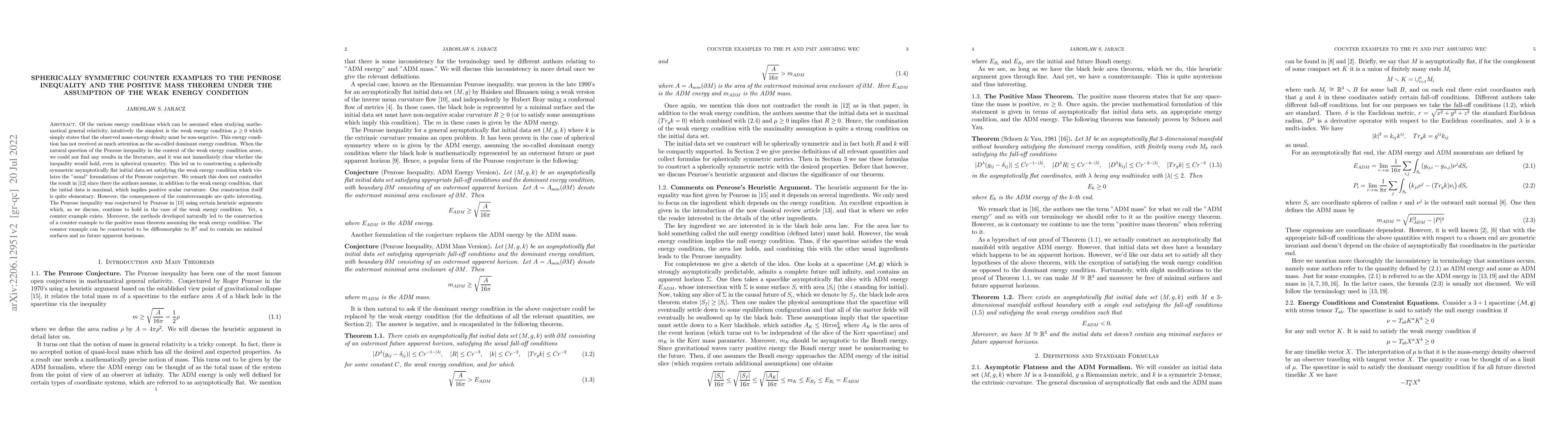 Thumbnail for Spherically symmetric counter examples to the Penrose inequality and the
  positive mass theorem under the assumption of the weak energy condition